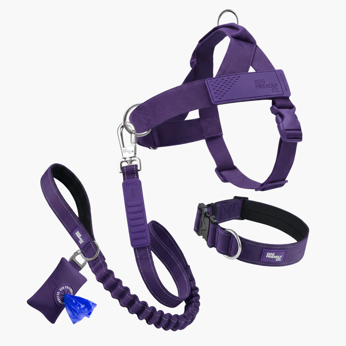 7AM Club Limited Edition in Indigo: no-pull harness, tactical collar, bungee leash and poop bag holder