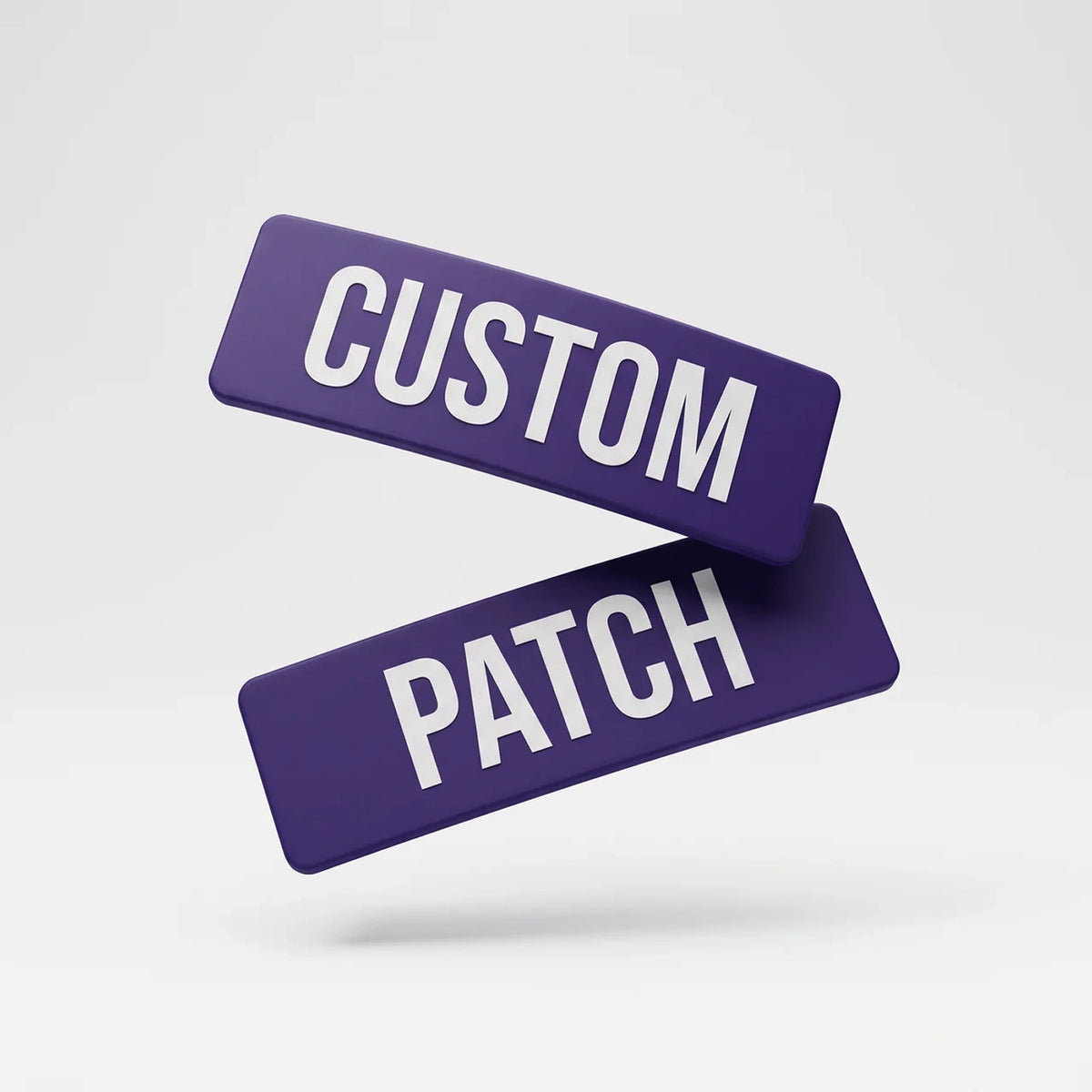 Two custom name patches from the 7AM Club Limited Edition in Indigo (deep purple), reading CUSTOM and PATCH