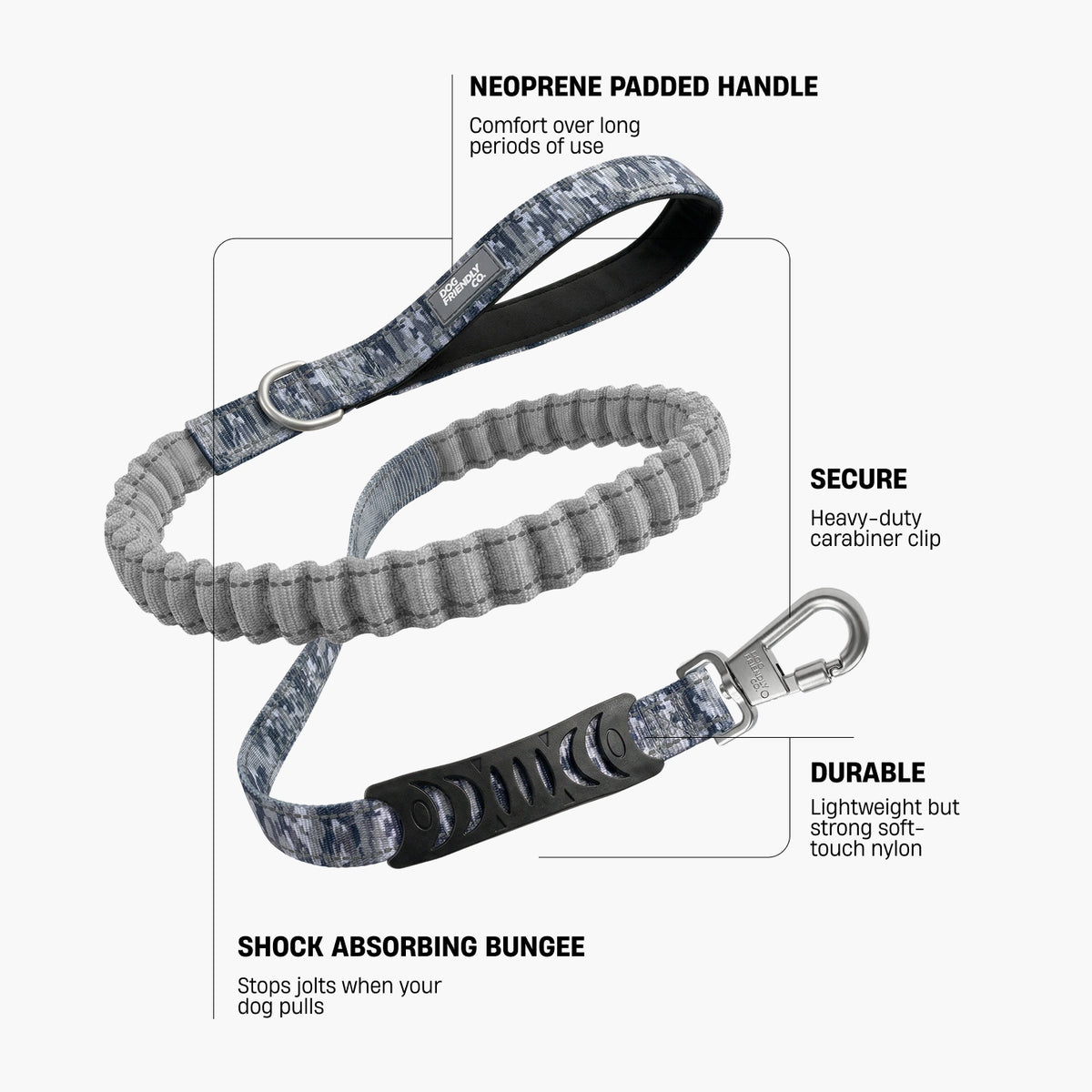 Grey Camo bungee dog leash infographic showing a neoprene padded handle, heavy-duty carabiner clip, lightweight soft-touch nylon and shock-absorbing bungee.