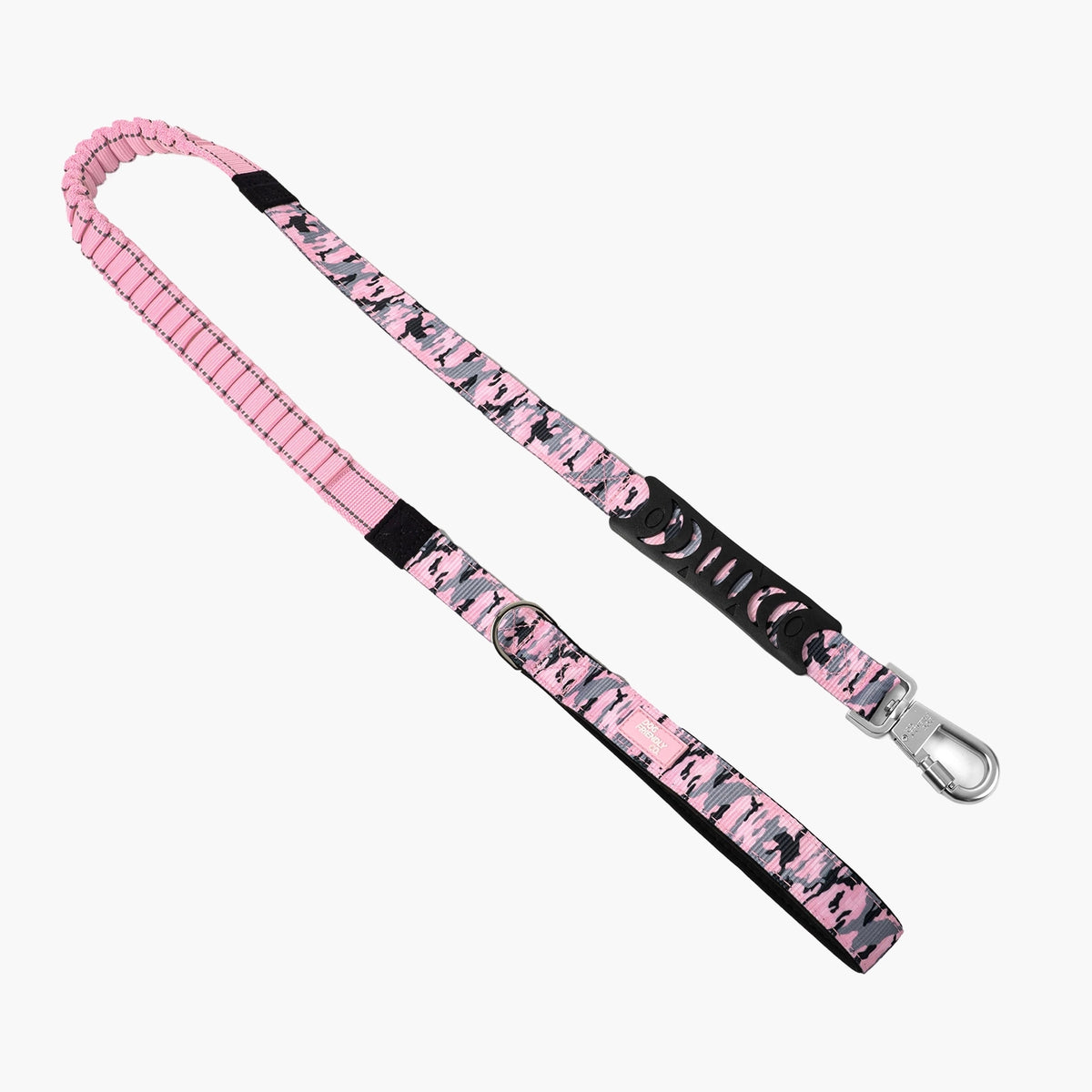 Pink Camo bungee dog leash with padded handle, heavy-duty clip and metal D-ring.