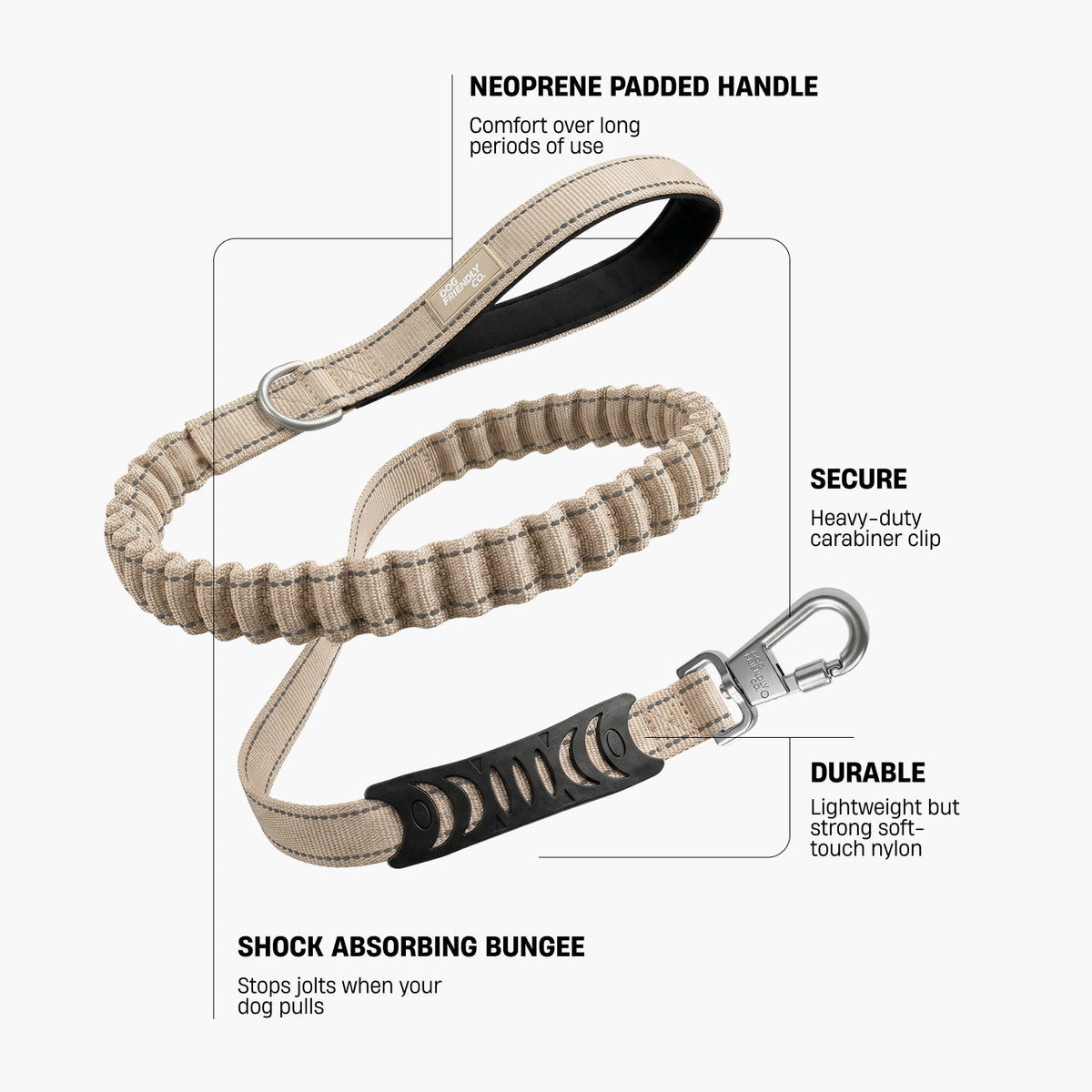Premium brown bungee dog leash infographic showing a neoprene padded handle, heavy-duty carabiner clip, soft-touch nylon and shock-absorbing bungee.