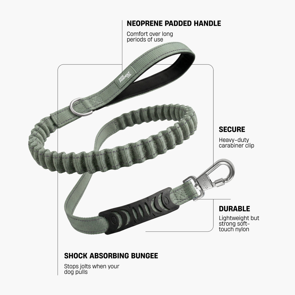 Premium khaki bungee dog leash infographic showing a neoprene padded handle, heavy-duty carabiner clip, soft-touch nylon and shock-absorbing bungee.