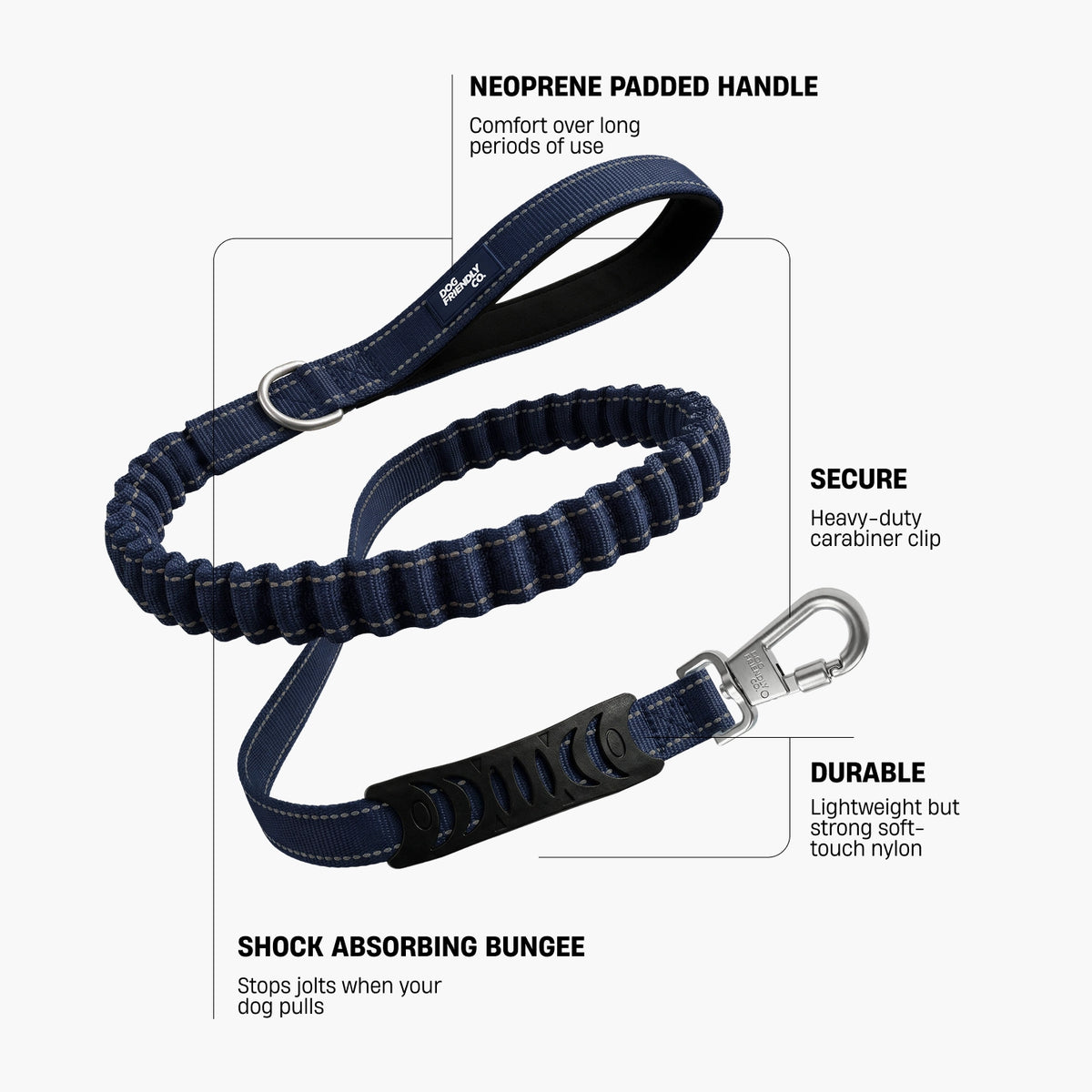 Premium navy blue bungee dog leash showing the padded handle, reflective stitching and leash clip.