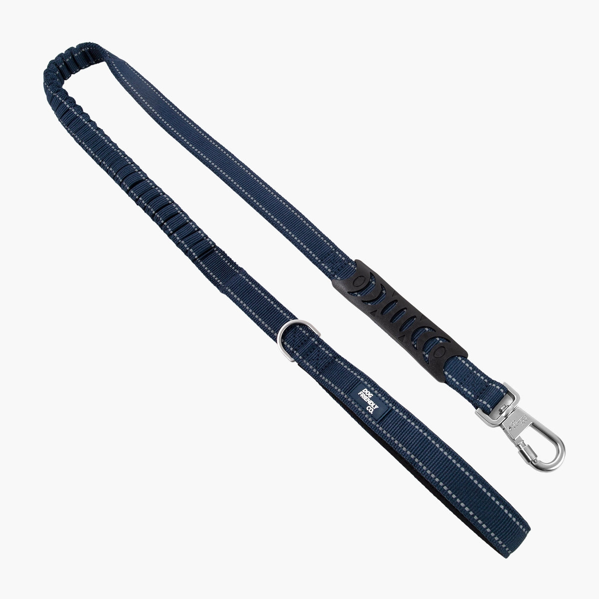 Premium navy blue bungee dog leash with padded handle, heavy-duty clip and metal D-ring.