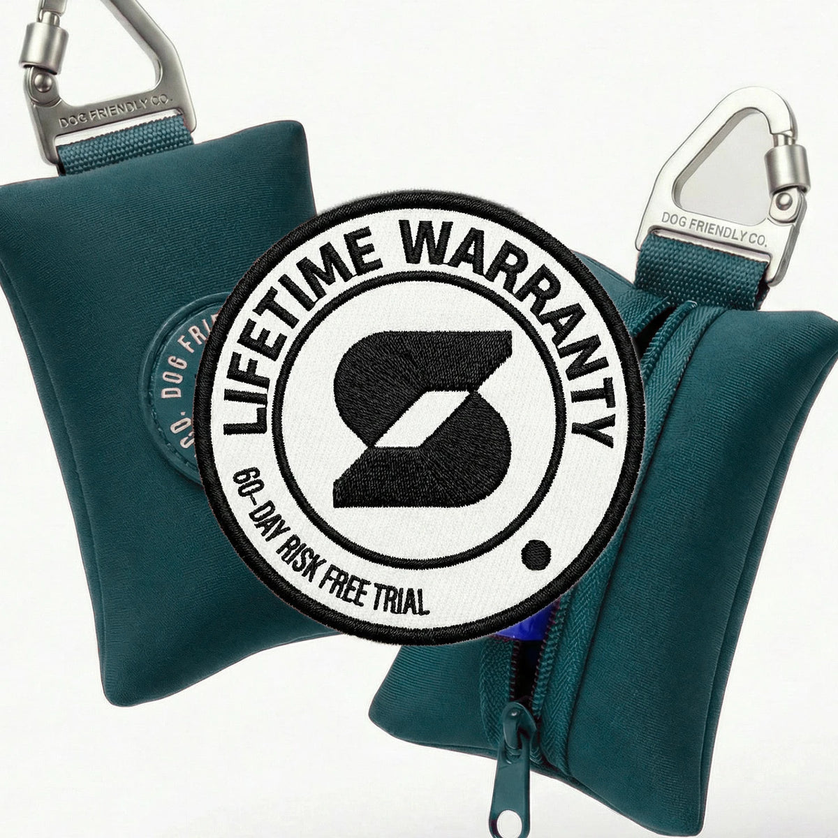 Lifetime Warranty, 60-day risk free trial badge over the Forest poop bag holder