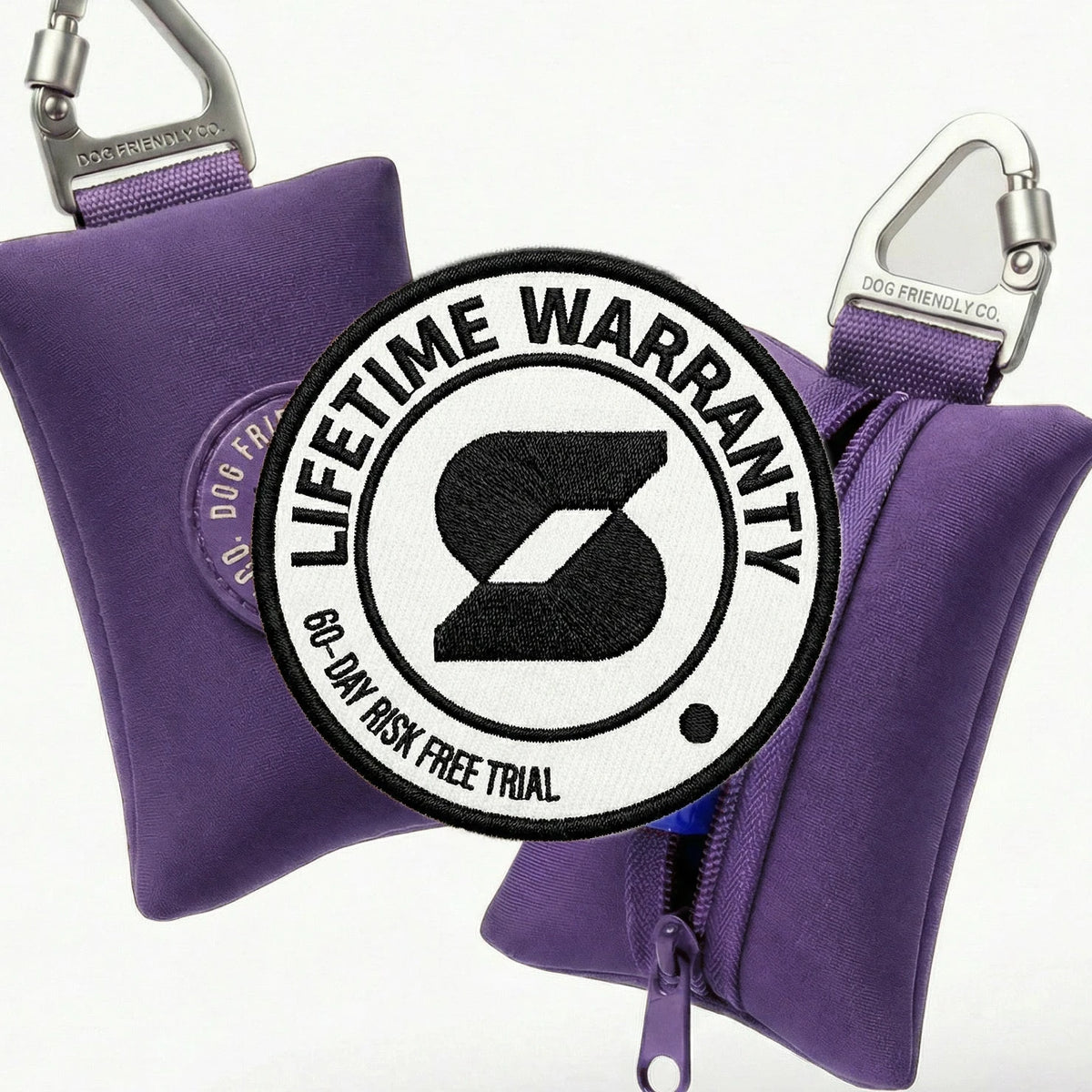 Lifetime Warranty, 60-day risk free trial badge over the Indigo poop bag holder