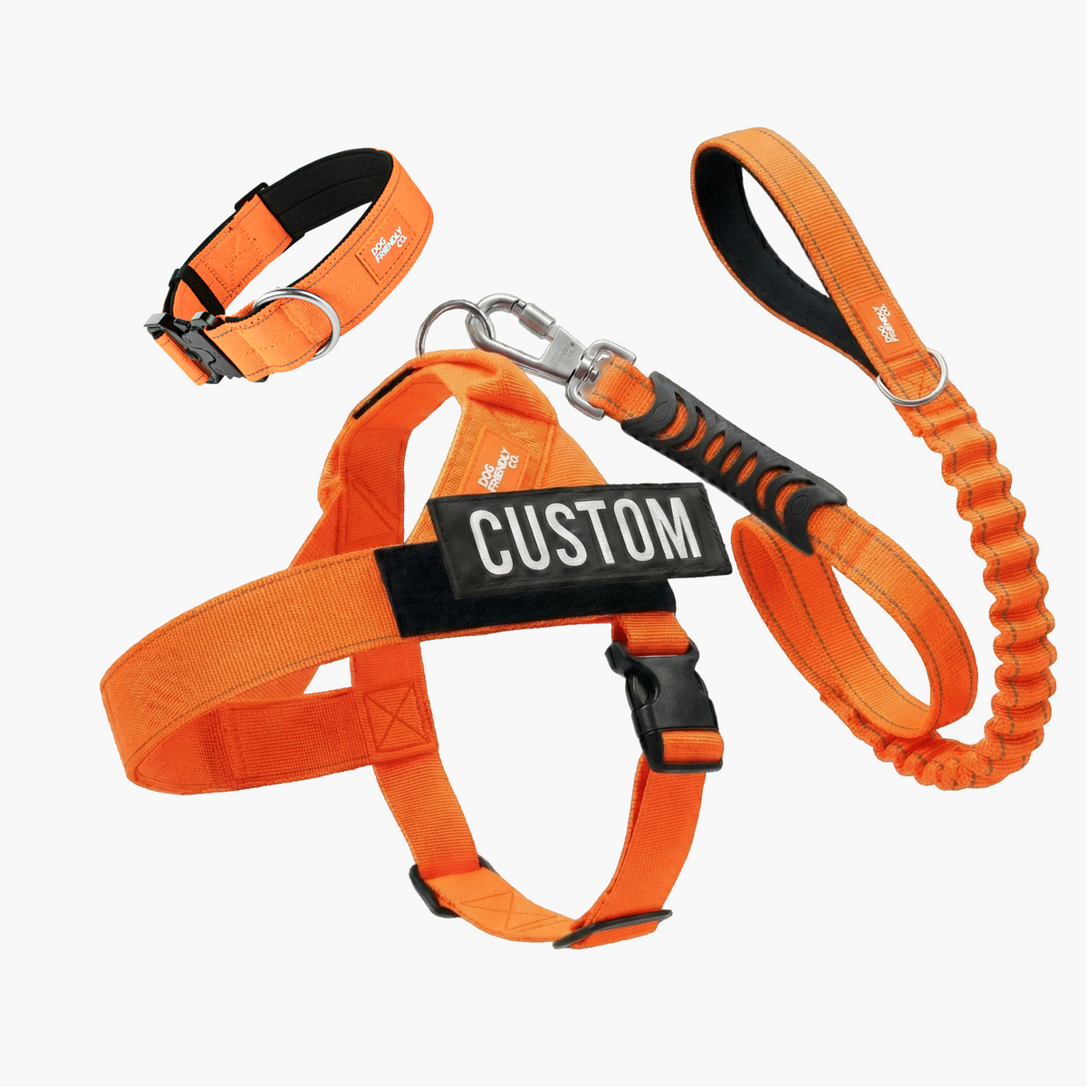 Orange Dog Lovers Pack featuring a lightweight dog harness, tactical collar, leash, and custom name patch.