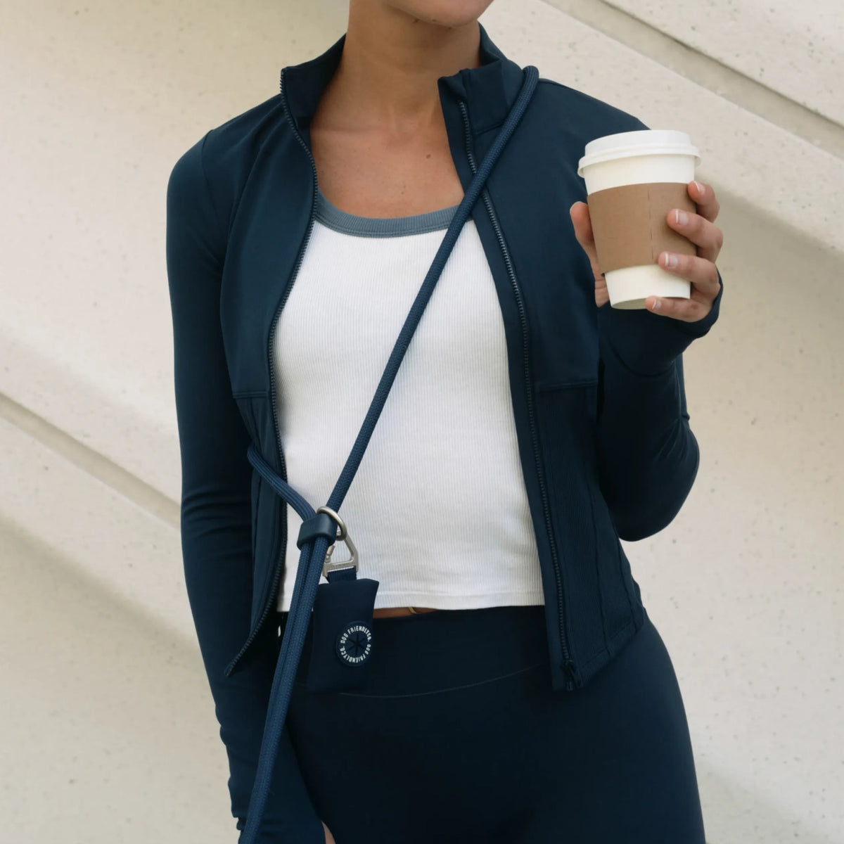 Premium Navy Blue hands-free dog leash showing the strap system and built-in grab handle.