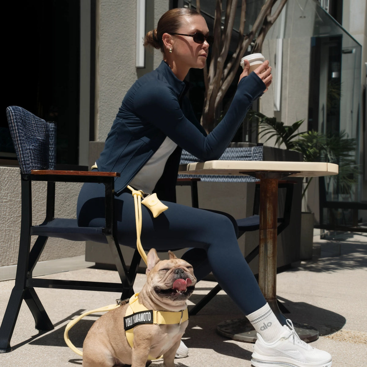 Dog owner wearing the Yellow hands-free leash while walking a dog.