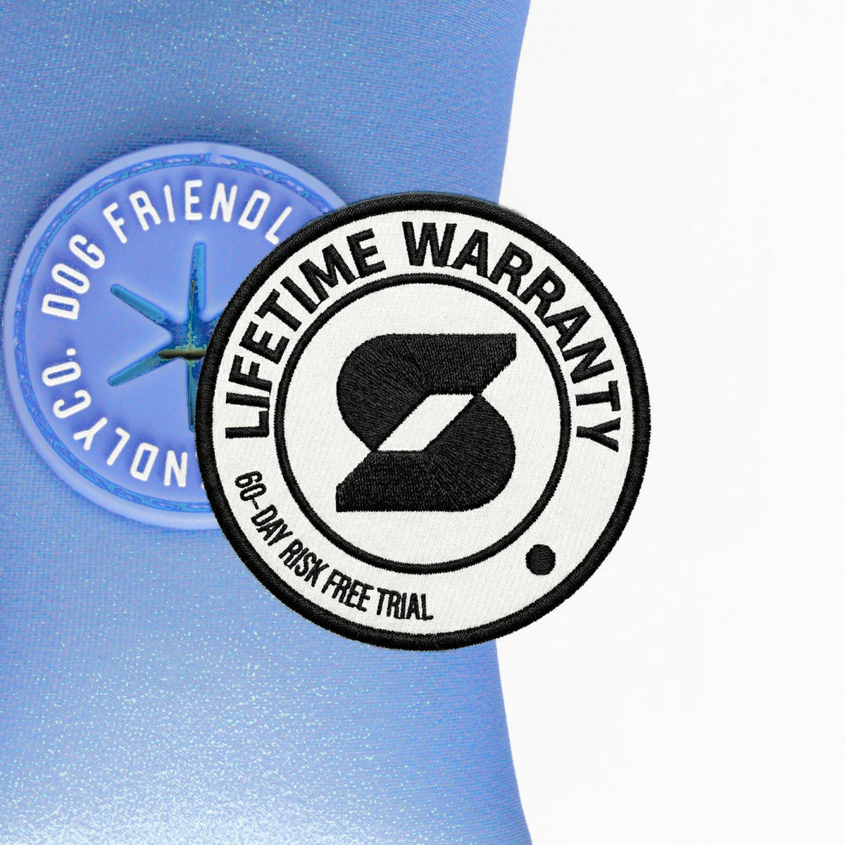 Lifetime Warranty, 60-day risk free trial badge over the Air poop bag holder