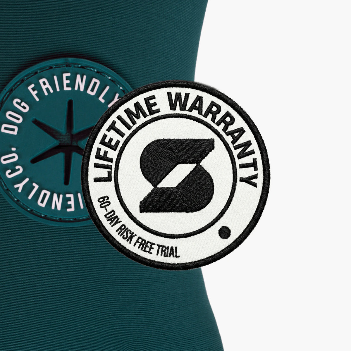 Lifetime Warranty, 60-day risk free trial badge over the Forest poop bag holder