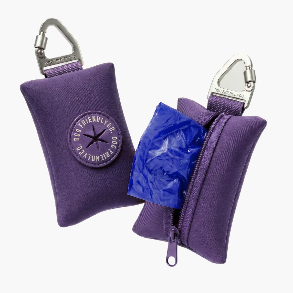Two Indigo poop bag holders, one open with a roll of bags inside