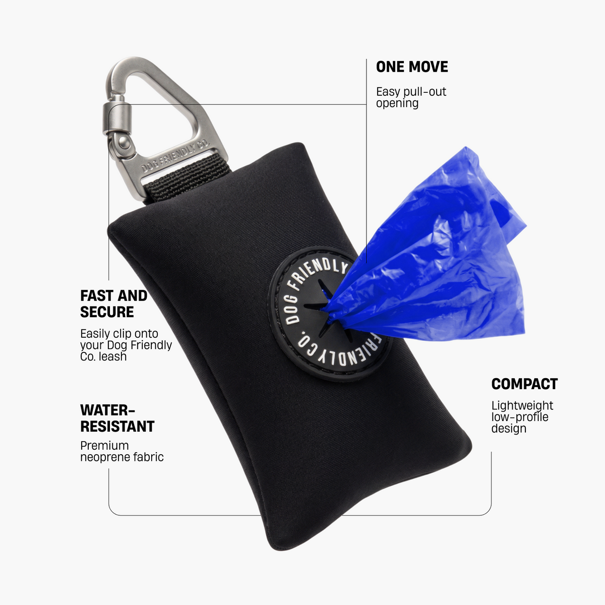 Black poop bag holder showing secure leash clip, easy pull-out opening, water-resistant neoprene fabric, and compact lightweight design