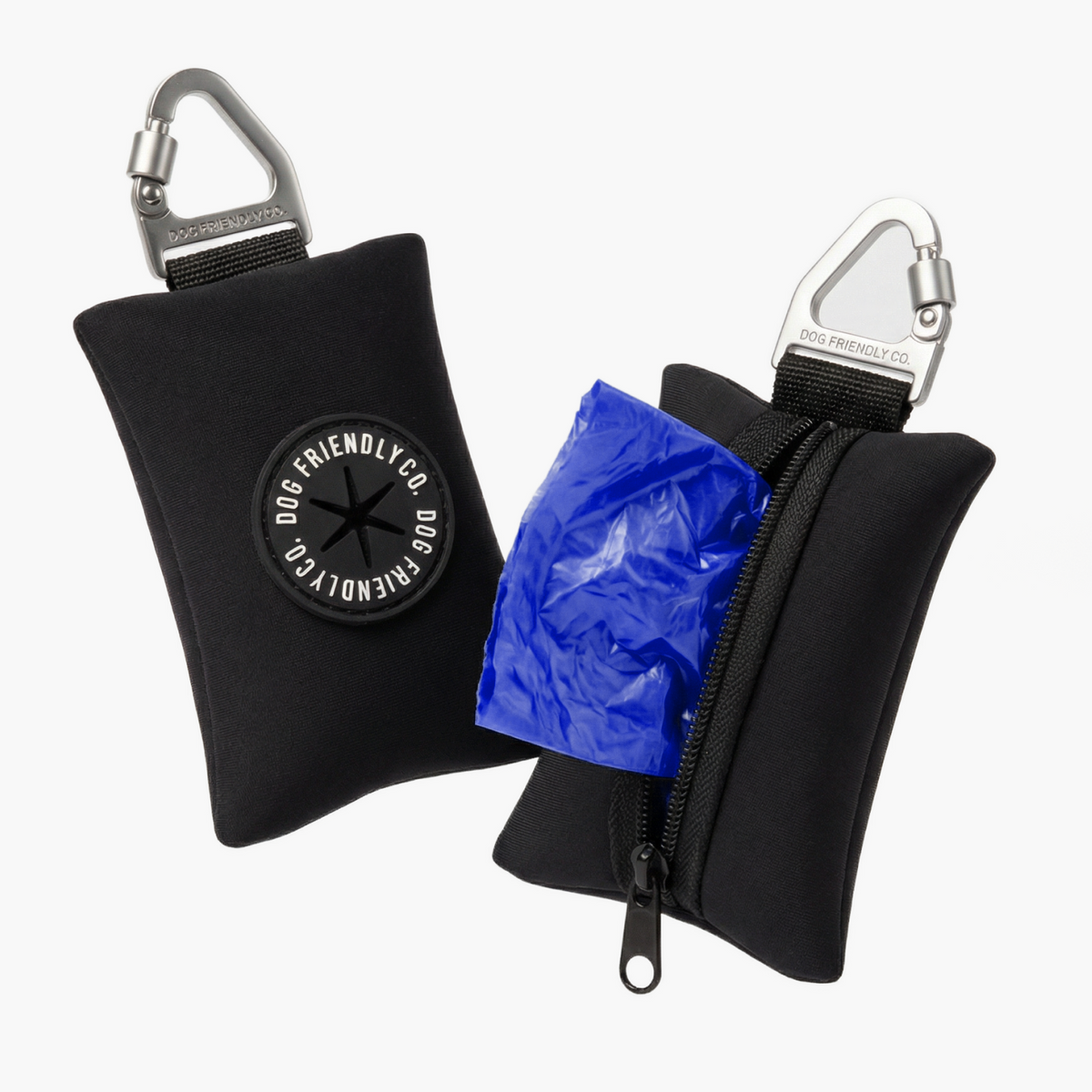 Black poop bag holder showing a blue poop bag being dispensed from the zippered compartment