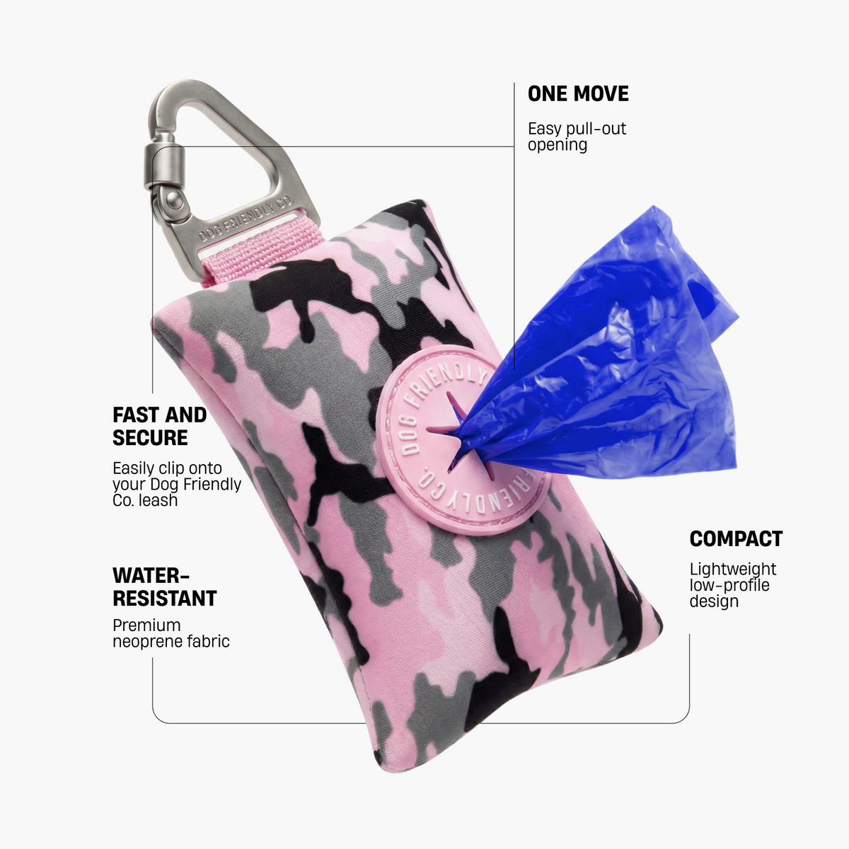 Pink Camo poop bag holder showing secure leash clip, easy pull-out opening, water-resistant neoprene fabric, and compact lightweight design