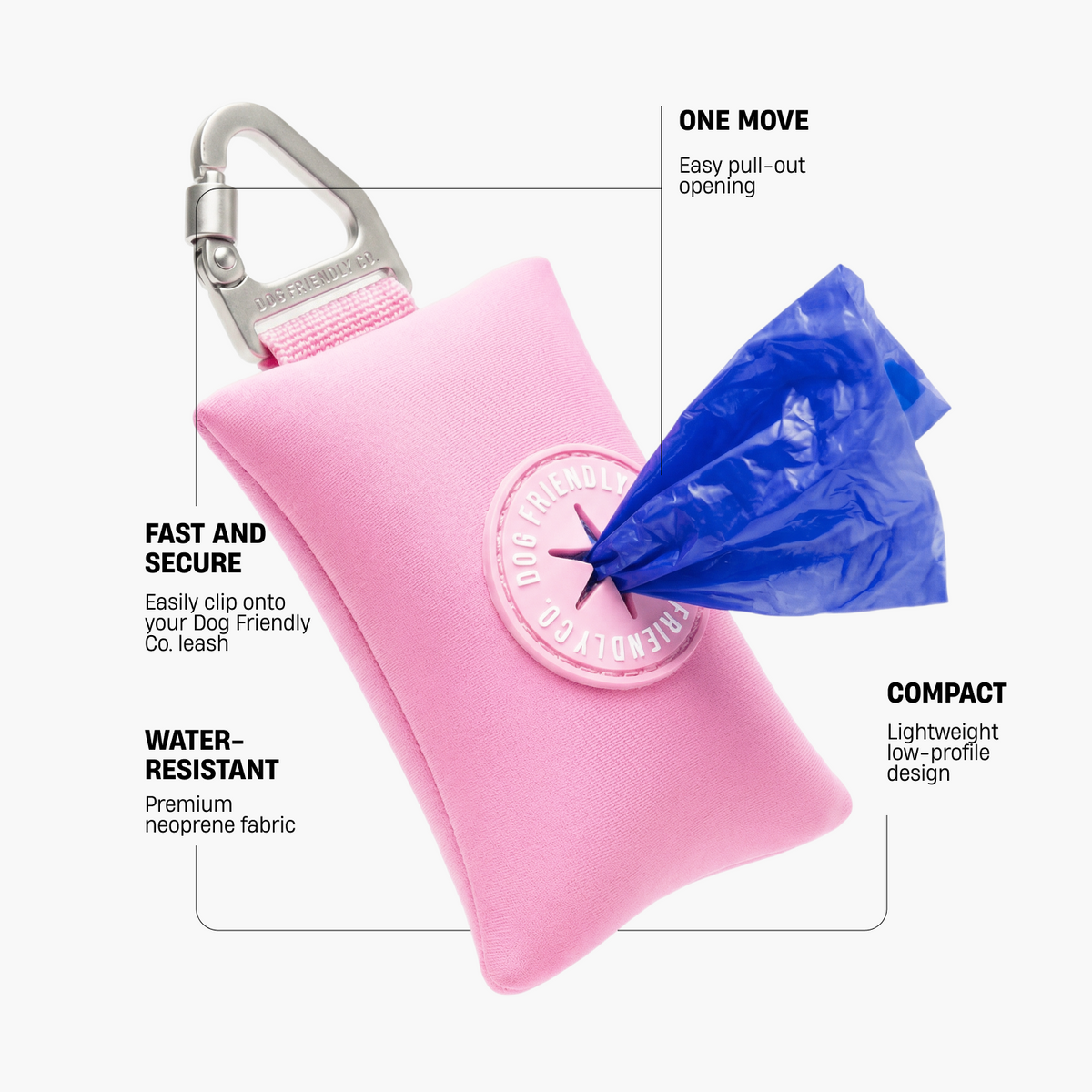 Pink poop bag holder showing secure leash clip, easy pull-out opening, water-resistant neoprene fabric, and compact lightweight design