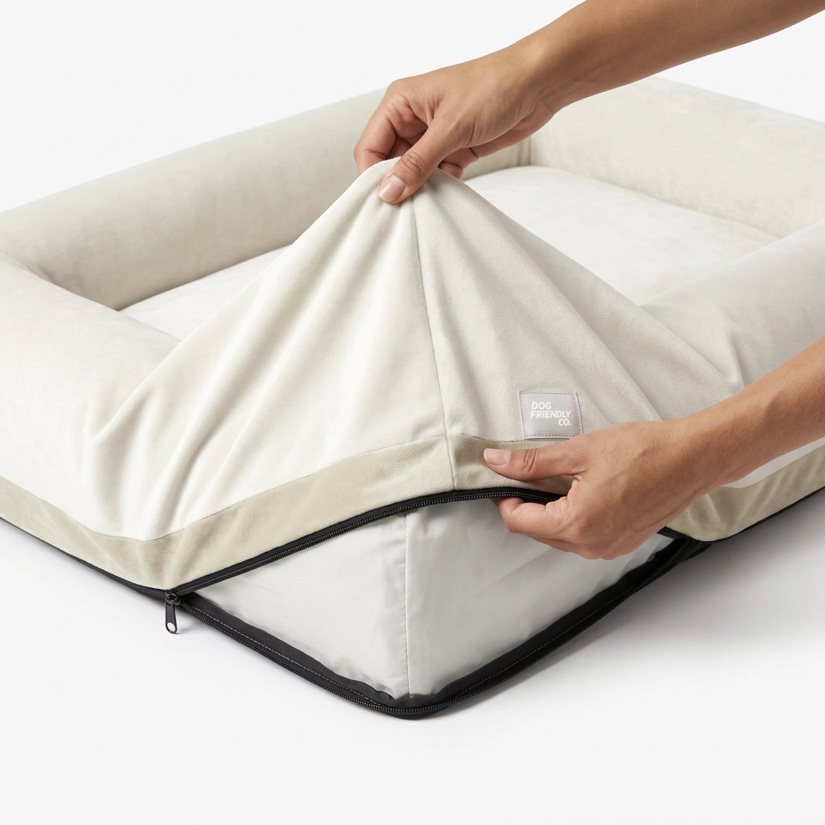 Beige replacement cover fitted over a Dog Friendly Co. dog bed.