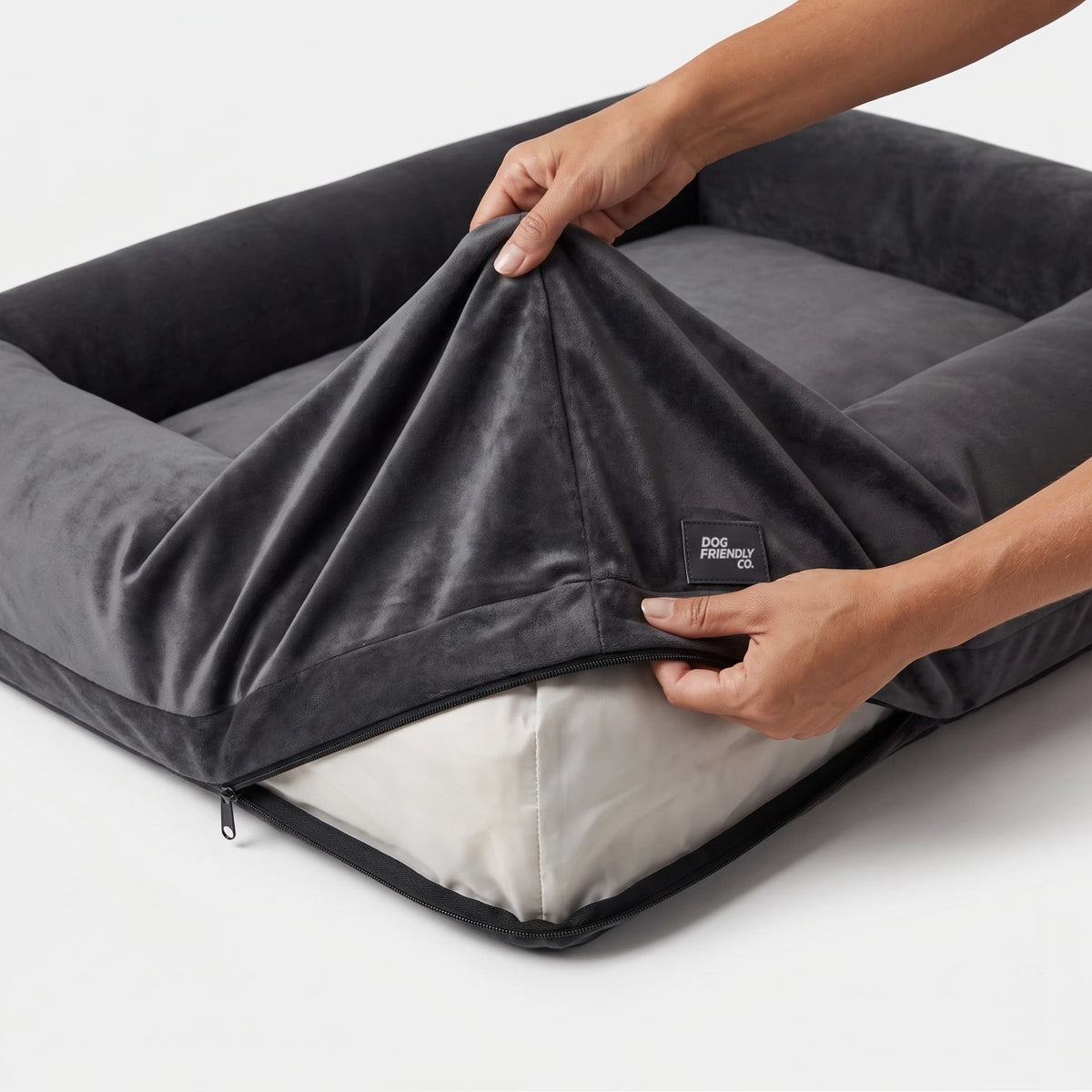 Charcoal replacement cover fitted over a Dog Friendly Co. dog bed.