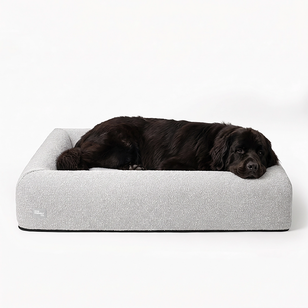 Black dog resting on a grey bouclé dog bed.