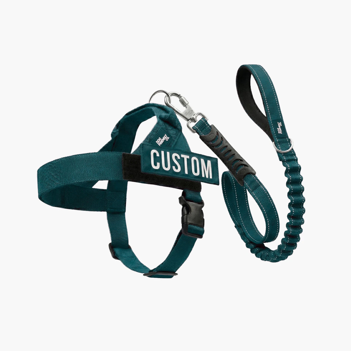 Signature Kit in Forest, 7AM Club Limited Edition: no-pull harness with a custom name patch and a bungee leash
