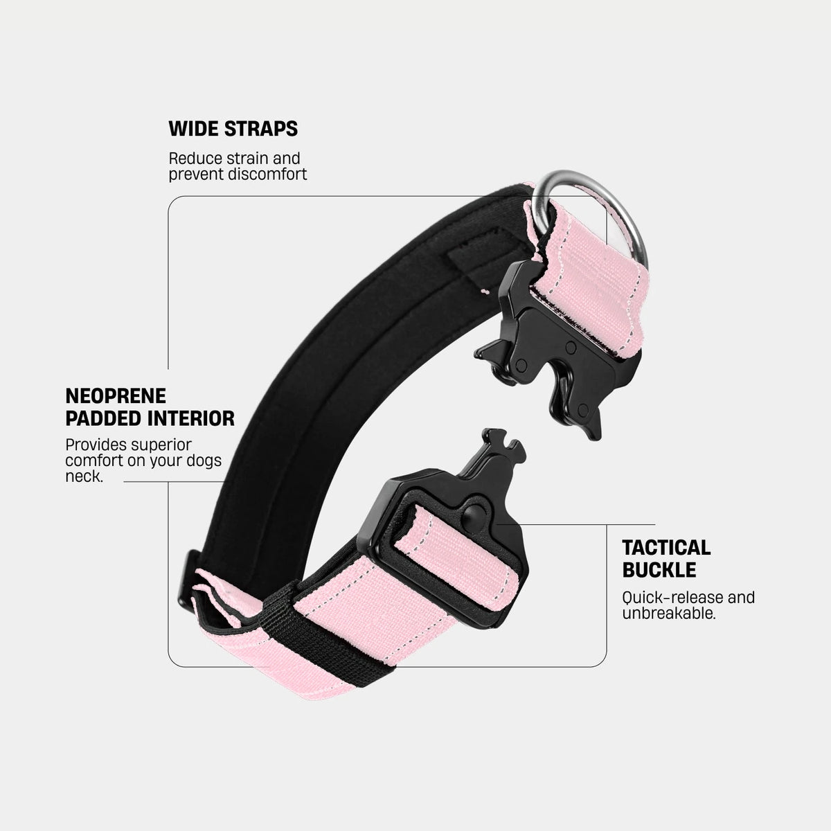 Sakura tactical collar. Wide straps reduce strain and prevent discomfort. Neoprene padded interior gives superior comfort on your dog's neck. Tactical buckle: quick-release and unbreakable.