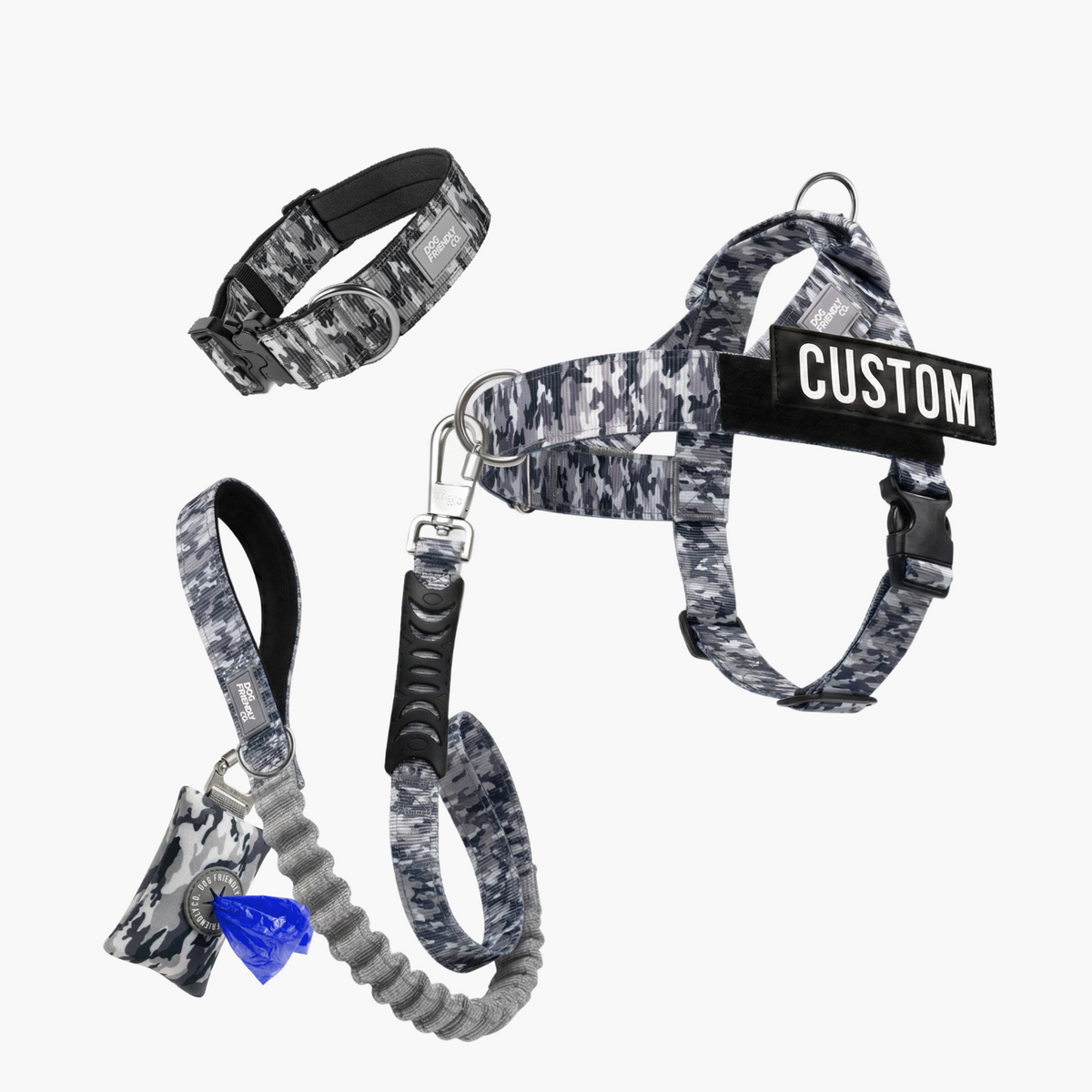Ultimate No-Pull Bundle in grey camo with harness, leash, collar and accessories