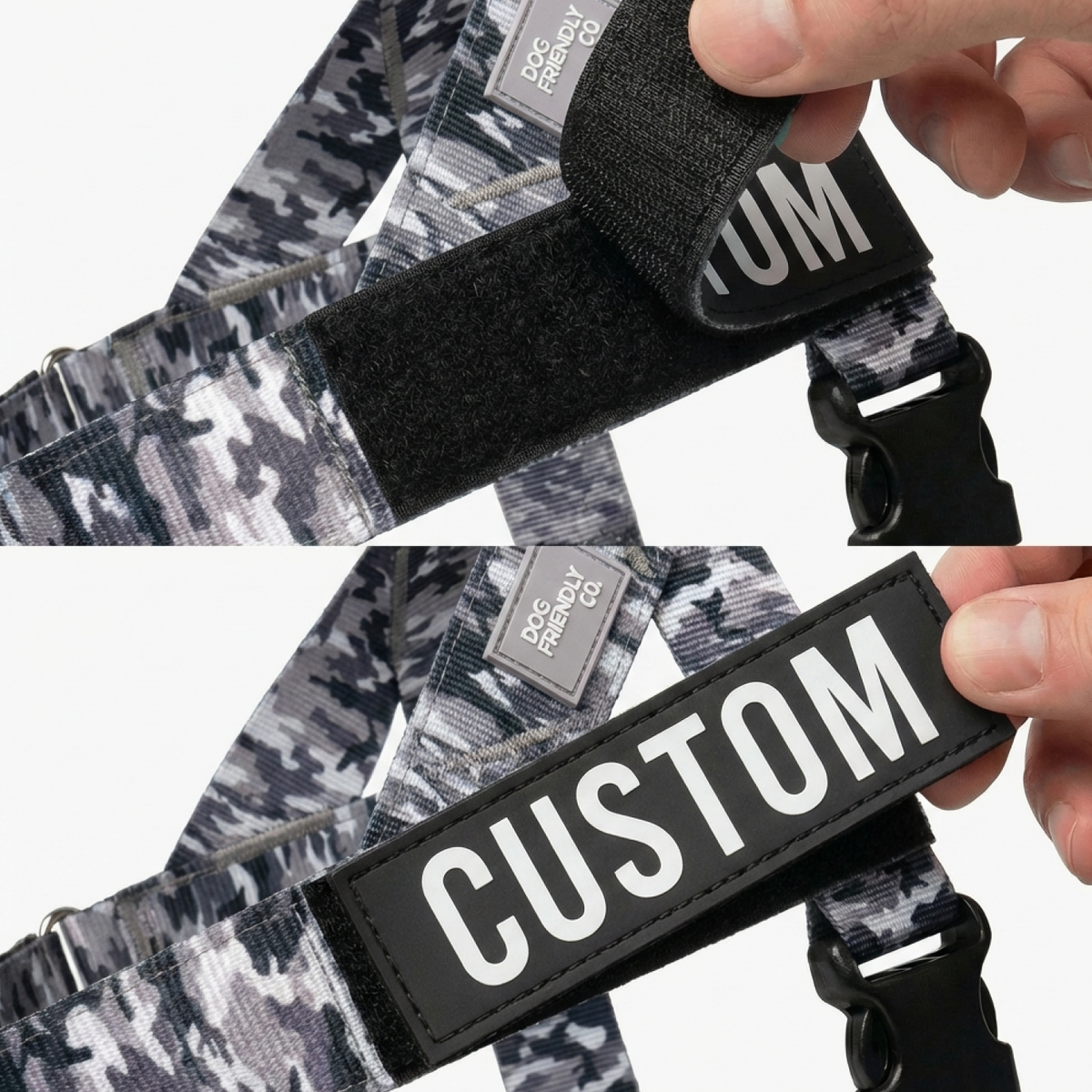 Images showing where to attach the custom name patch on the harness.