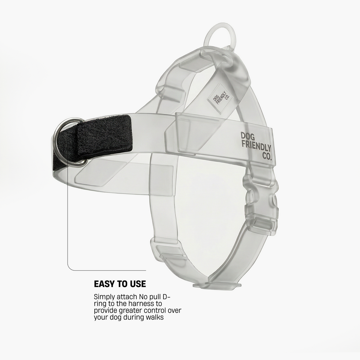 Transparent dog harness showing how to attach the front no-pull D-ring for greater control during walks.