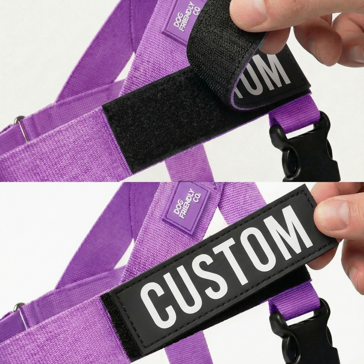 Images showing where to attach the custom name patch on the harness.