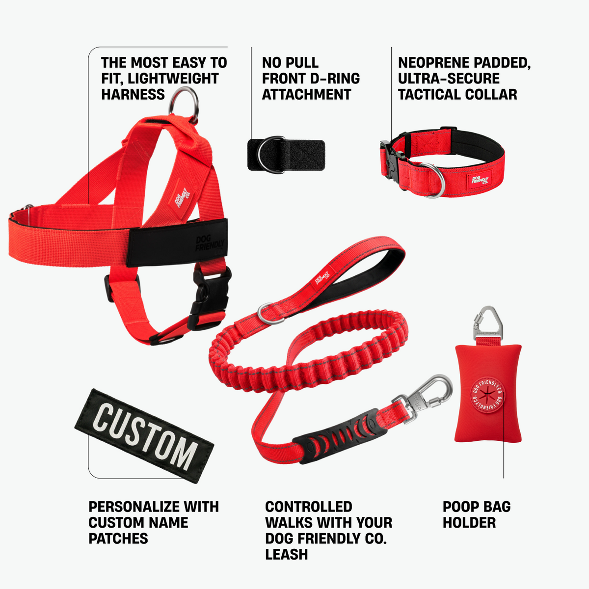 Ultimate No-Pull Bundle in red featuring a lightweight harness, front D-ring attachment, padded tactical collar, Dog Friendly Co. leash, custom name patch, and poop bag holder.