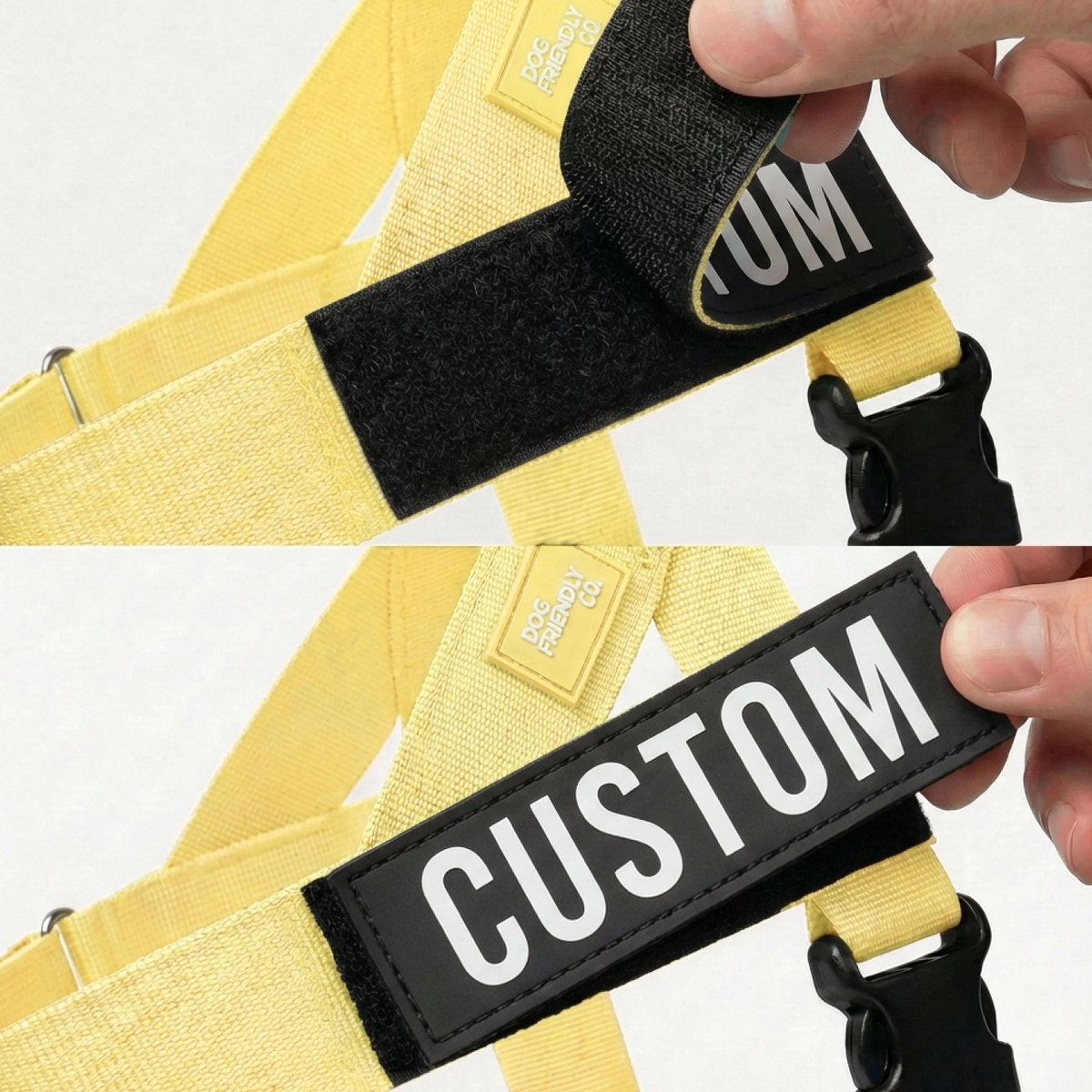 Images showing where to attach the custom name patch on the harness.