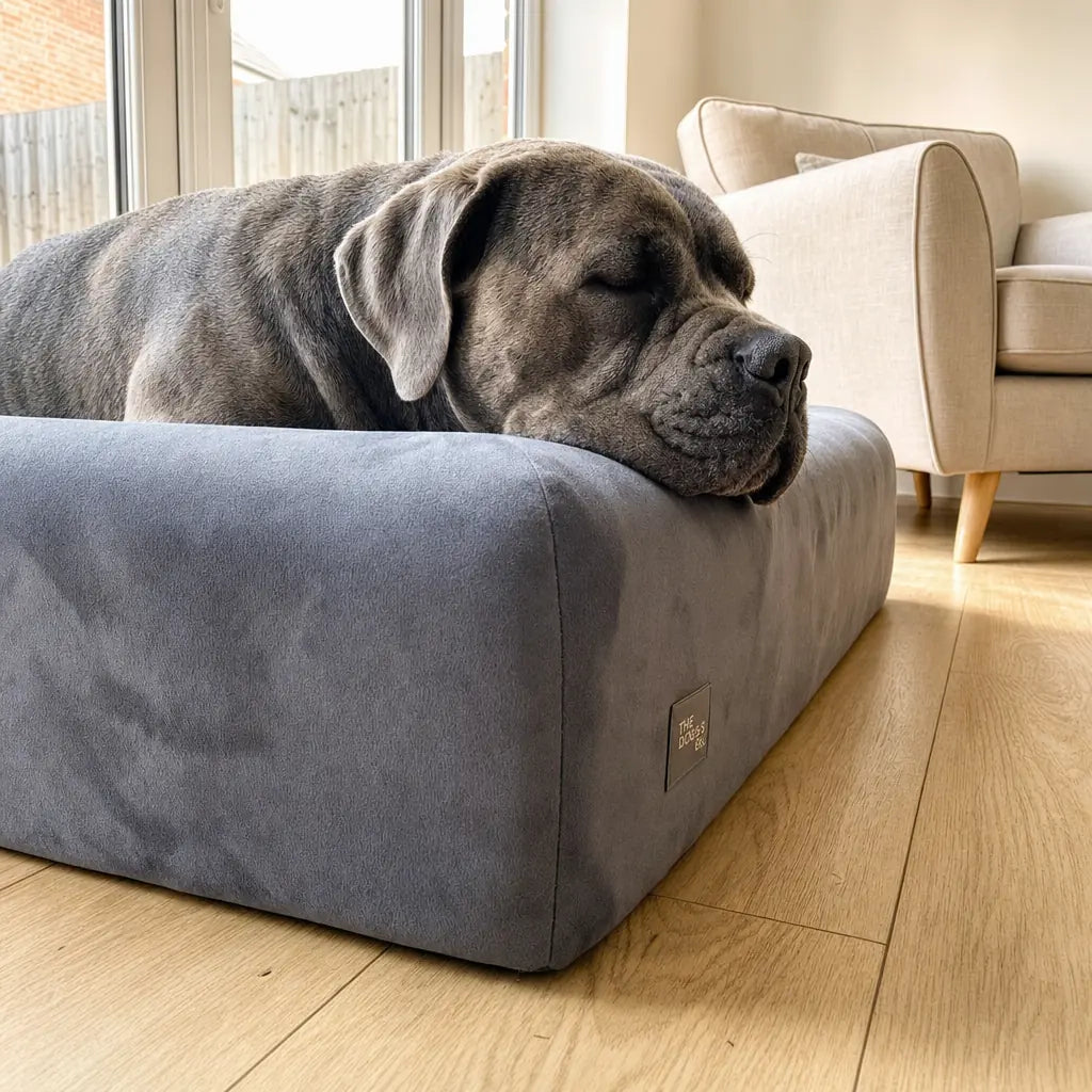 A grey mastiff asleep with its chin on the bolster of the charcoal bed, on a wood floor